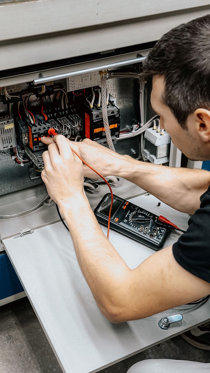Techniker prüft die Verdrahtung eines Schaltschranks mit einem Multimeter